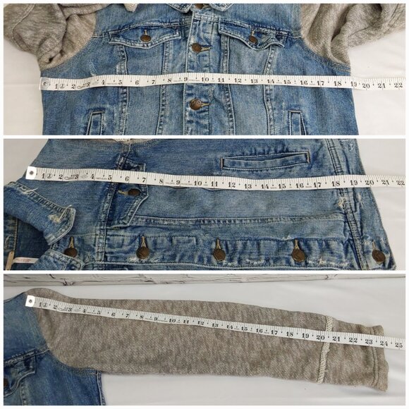 'FREE PEOPLE' DISTRESSED DENIM JACKET TEXTURE SLEEVE VINTAGE - Picture 15 of 16
